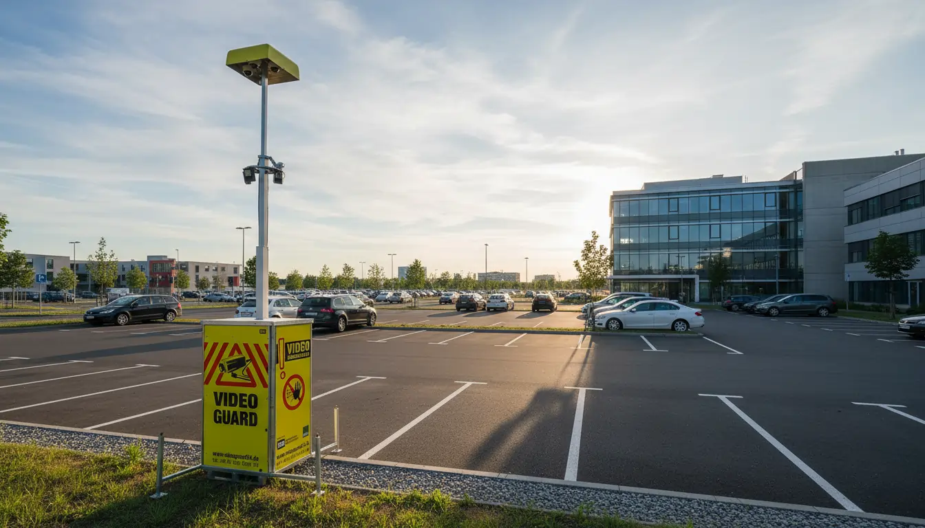 Video Guard Turm bewacht einen Mitarbeiterparkplatz