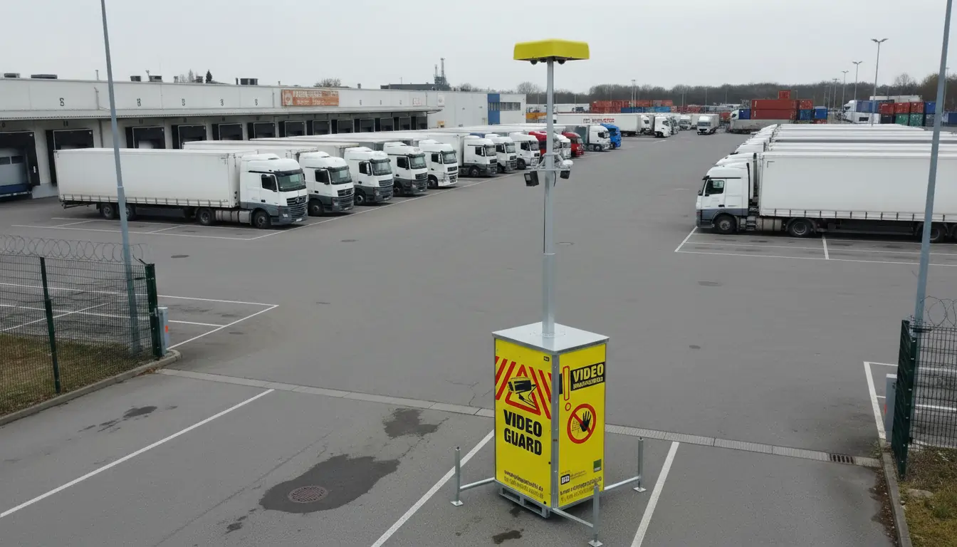 Video Guard Videoturm überwacht einen Logistikparkplatz