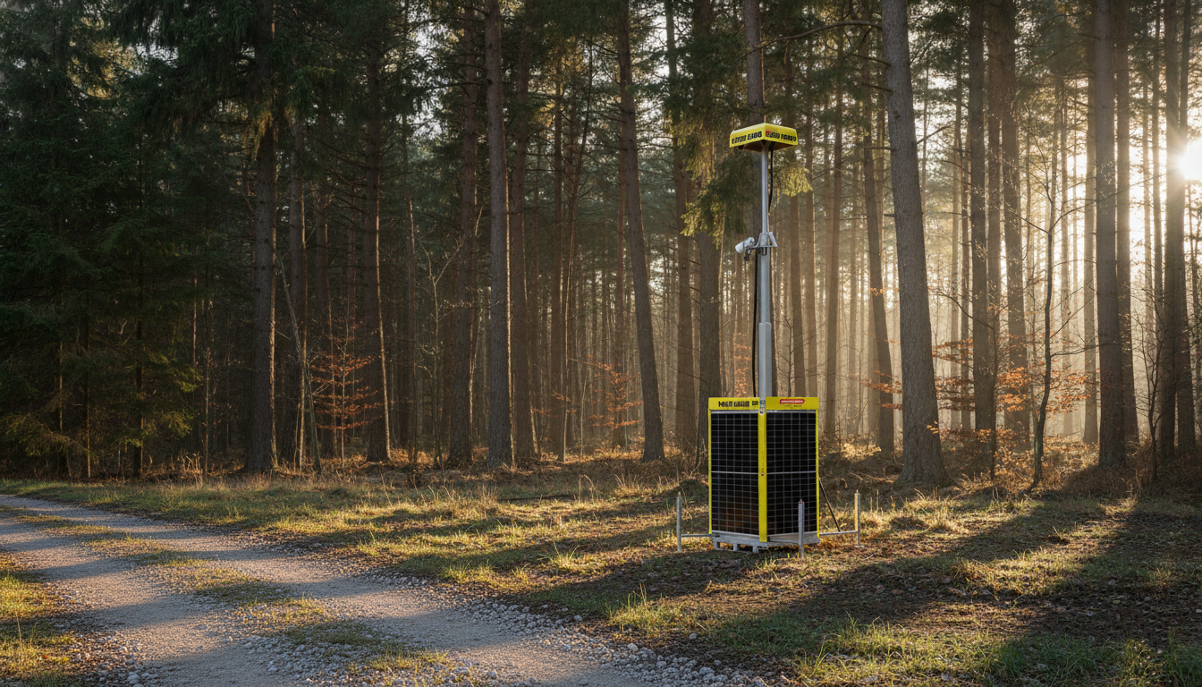 Viedeo Guard Solar steht  an einem Waldweg - KI generiert