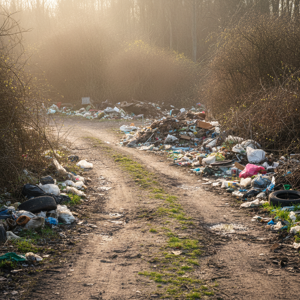 Müll liegt rechts und links neben dem Waldweg - KI generiert 