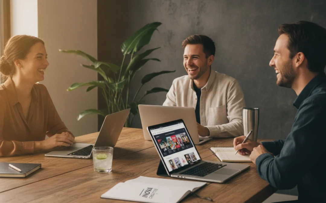 Drei Personen sitzen mit dem Laptop an einen Tisch